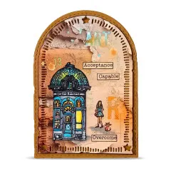 Mixed-Media-Anhänger im Bogenformat mit türkisfarbenem Dom-Erker, Mädchenfigur mit Katze und den Wortstempeln „Acceptance", „Capable" und „Overcome"