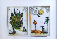 Doppelseitige Halloween-Karte mit grün koloriertem Spukhaus links und Vollmond-Szene mit Kürbishaufen und Krähe rechts