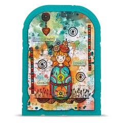 Beispielkarte mit Matroschka-Figur im Bogenrahmen und den Wortstempeln „Encourage", „Dream" und „Goals"