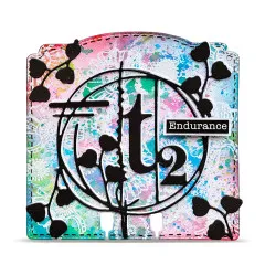 Pastellfarbene Karte mit weißer Spitzenprägung, der „t2"-Stanzform mit Knospenzweig und Wortsticker „Endurance"