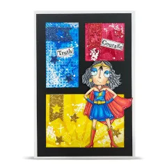 Beispielkarte mit drei Farbfeld-Panels (Blau, Rot, Gelb) und den Sprüchen „Truth" und „Courage"