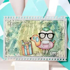 Vintage-anmutende Filmstreifen-Karte in Grüntönen mit Aquarellhintergrund und Spruch „float"