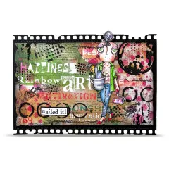 Filmstreifen-gerahmte Beispielkarte mit buntem Mixed-Media-Hintergrund, Schriftzügen „Happiness", „art" und Spruch „nailed it!"
