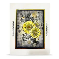 Mixed-Media-Karte in Schwarz-Gold mit zwei gelben grafischen Blüten und Zahnrad-Stempeln
