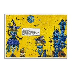 Gelbe Halloween-Collage-Karte mit zwei Hexen-Illustrationen, Vollmond und dem Spukhaus im Hintergrund