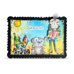 Blau-gelbe Beispielkarte im gewellten Rahmen mit Hundefigur, Einkaufswagen voller Flaschen und Spruch „bag the gin first"