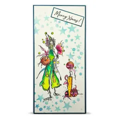 Beispielkarte mit der grün gekleideten Feenfigur, Blüten-Zauberstab und Sternenhintergrund, Schriftzug 'Merry Xmas!'.