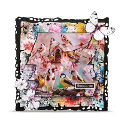 Karte mit unregelmäßigem schwarzem Rahmen, weißem Schmetterling und Blüten um das Vogelhäuschen-Motiv, Wortsticker „Happiness”