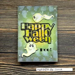 Grüne Halloween-Karte mit Schablonen-Hintergrund und Schriftzug 'Happy Halloween'