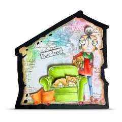 Haus-Stanzform-Karte mit grünem Sessel, schlafender Katze, Kissen und Spruch „Purr-lease"