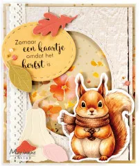Herbstkarte "Zomaar een kaartje" mit Eichhörnchen-Die-Cut, Schal und Kastanie in herbstlicher Fensterkulisse.