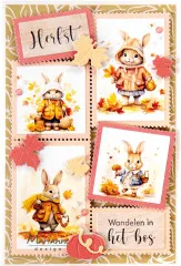 Herbstkarte im Briefmarken-Layout mit vier Hasenmotiven in Herbstkleidung, Ahornblättern und Textfeldern "Herfst" und "Wandelen in het bos".