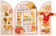 Dreiflügelige Herbstkarte "Kleurige herfstgroetjes" mit Vogelscheuche, Sonnenblumen und Bogenfenster-Motiv.