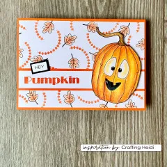 Orange gerahmte Karte mit Perlenketten-Blättermuster und einem kolorierten Kürbisgesicht, Schriftzug 'Hey Pumpkin'