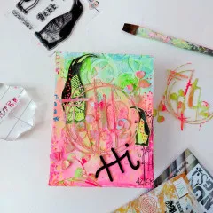 Pink-grüne Mixed-Media-Karte mit gestempelten Pinguinen, der „t2"-Stanzform und Schriftzug „Hi"