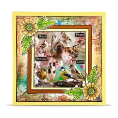 Gelbe Karte mit doppeltem Rahmen um das Vogelhäuschen-Motiv und den Wortstickern „Hope”, „Peace”, „Beauty”, „Love”, „Joy”