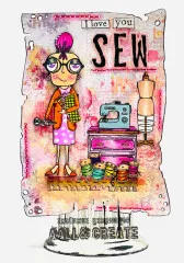 Bunte Mixed-Media-Karte in Rosa-Gelb mit der Näh-Figur, Schneiderpuppe, Garnrollen und Schriftzug I love you SEW
