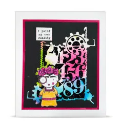 Schwarz-pinke Karte mit stilisierter Frida-Kahlo-Figur und glitzernder Zahnrad-Zahlen-Stanzform