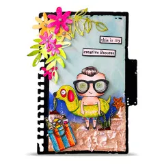 Mixed-Media-Journalcover mit gestanzten Blüten und Blättern, Strukturpaste-Sand, Seestern und Spruch „this is my creative Process"