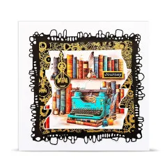 Schwarz-goldene Karte mit gestanztem Zahnradrahmen um das Bücherregal-Motiv und Wortsticker „Journey”