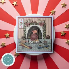 Quadratische Grußkarte mit Mädchen am Kamin, Adventskerzen und Schriftzug „Joy“