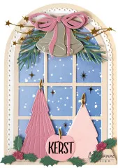 Weihnachtskarte "Kerst" mit Bogenfenster-Motiv, Kerzen und Glockenschleife.