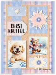 Weihnachtskarte "Kerst Knuffel" mit Hund, Bär und Glitzersternen im Briefmarken-Layout.