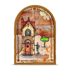 Mixed-Media-Anhänger im Bogenformat mit kleinem Giebelhaus, roter Tür, vorbeigehendem Herrn, Baum und Wortstempel „Opportunity"