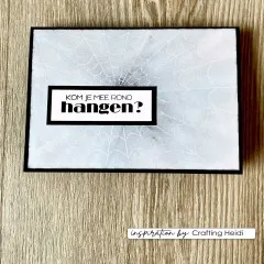 Graue Karte mit weiß geprägtem Spinnennetz und niederländischem Text 'Kom je mee rond hangen?'