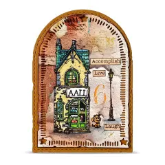Mixed-Media-Anhänger im Bogenformat mit gelbem Giebelhaus, Schriftzug „AALL", Straßenlaterne, Hund und den Wortstempeln „Accomplish", „Live" und „Laugh"