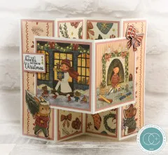 Leporello-Faltkarte mit Fensterszene, Kaminmotiv und Schriftzug „All Hearts Come Home For Christmas“