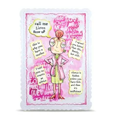 Beispielkarte mit „Love"-Schriftmusterhintergrund, Sprechblase „call me, Listen, grow uP" und weiteren Sprüche-Kästchen