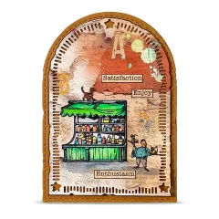 Mixed-Media-Anhänger im Bogenformat mit grün überdachtem Marktstand voller Flaschen, Katze auf dem Dach, Verkäuferfigur und den Wortstempeln „Satisfaction", „Enjoy" und „Enthusiasm"