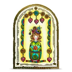 Beispielkarte mit kolorierter Matroschka-Figur in goldfarbenem Fensterrahmen auf gelbem Hintergrund