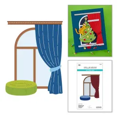 Fertige Weihnachtskarte mit Bogenfenster, rotem Vorhang und Katze am Weihnachtsbaum, Spruch 'Merry Catmess'.