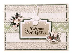 Fertige Grußkarte 'Warme Wensen' mit Spitzenband, Blumenzweig und Kerzen-Dekoration, gestaltet mit den Anhänger-Stanzformen.