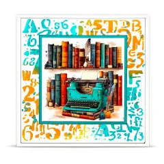 Quadratische Karte mit türkis-orangem Buchstaben- und Zahlenhintergrund, gerahmt um das Bücherregal-Motiv