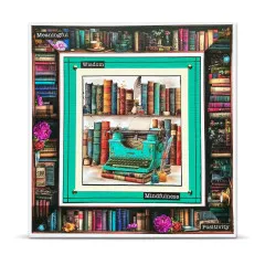 Quadratische Karte mit Bücherregal-Fotorahmen und den Wortstickern „Meaningful”, „Wisdom”, „Mindfulness”, „Positivity”