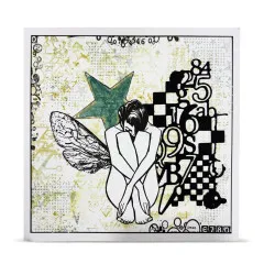 Mixed-Media-Karte mit gestempelter geflügelter Frauenfigur, grünem Stern und der Karo-Buchstaben-Stanzform