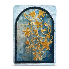 Blaue Bogenkarte mit goldener Mond-und-Sterne-Stanzform auf Aquarellhintergrund