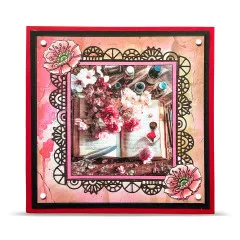 Quadratische Karte mit rotem Rahmen, gestanzten rosa Mohnblüten um das Buch-und-Kirschblüten-Motiv