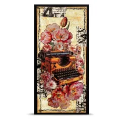Schmale Karte mit rosa Tulpen und Pfingstrosen umrahmt um das Schreibmaschinen-Motiv, mit Ziffer „4”