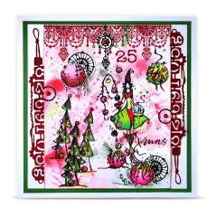 Beispielkarte mit grün gekleideter Feenfigur, Kugelgirlande und Spitzenbordüre, Zahl '25' und 'Xmas'-Schriftzug.