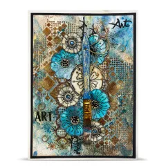 Mixed-Media-Karte mit türkisfarbenen grafischen Blüten, Pinsel-Dekoelement und Schriftzug „Art"