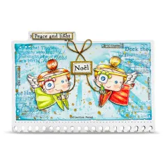 Postkarten-Karte mit zwei Engelsfiguren vor Notenblatt-Hintergrund, Anhänge-Etikett 'Noël'.