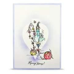 Beispielkarte mit Ornament-förmiger Aussparung und der Mädchenfigur im Schneekugel-Rock, Schriftzug 'Merry Xmas!'.