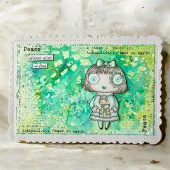 Aquarellkarte mit mintgrün gekleideter Mädchenfigur, Wörterbucheintrag 'Peace' und Schriftzug 'winter mint wishes'.