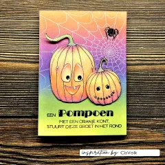 Bunte Halloween-Karte mit Spinnennetz-Hintergrund, zwei kolorierten Kürbisgesichtern und kleiner Spinne