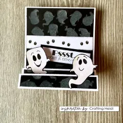 Schwarz-weiße Stufenkarte mit Geister-Silhouetten-Hintergrund und Aufklapp-Motiv 'Pssst'
