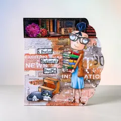 Register-Reiter-Karte mit Bücherregal-Fotohintergrund, Blüten und Spruch „i Prefer fictional PeoPle"